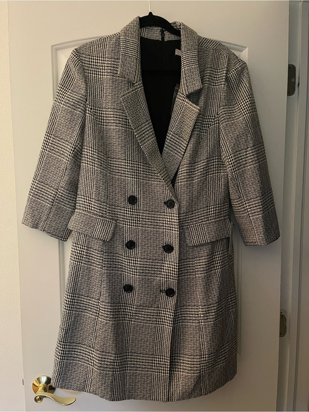 Nordstrom Black & White Glen Plaid Double-Breasted Trench Dress